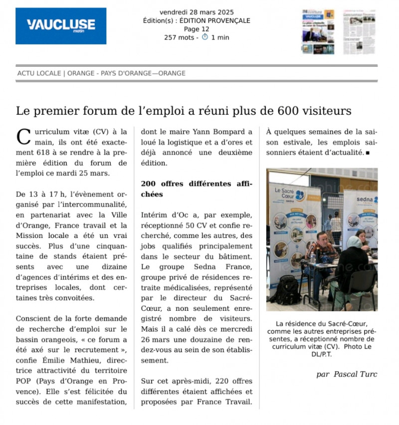 Le Sacré Coeur présent au Forum de l'Emploi d'Orange